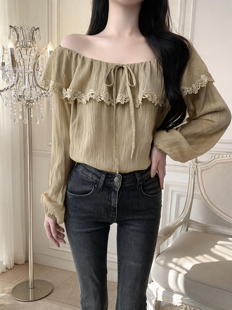 French Style Ruffle Trim Long Sleeve Shirt Summer New Top - Image 2