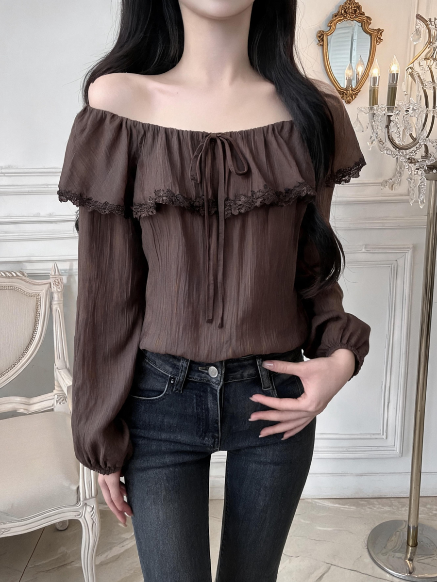 French Style Ruffle Trim Long Sleeve Shirt Summer New Top - Image 4