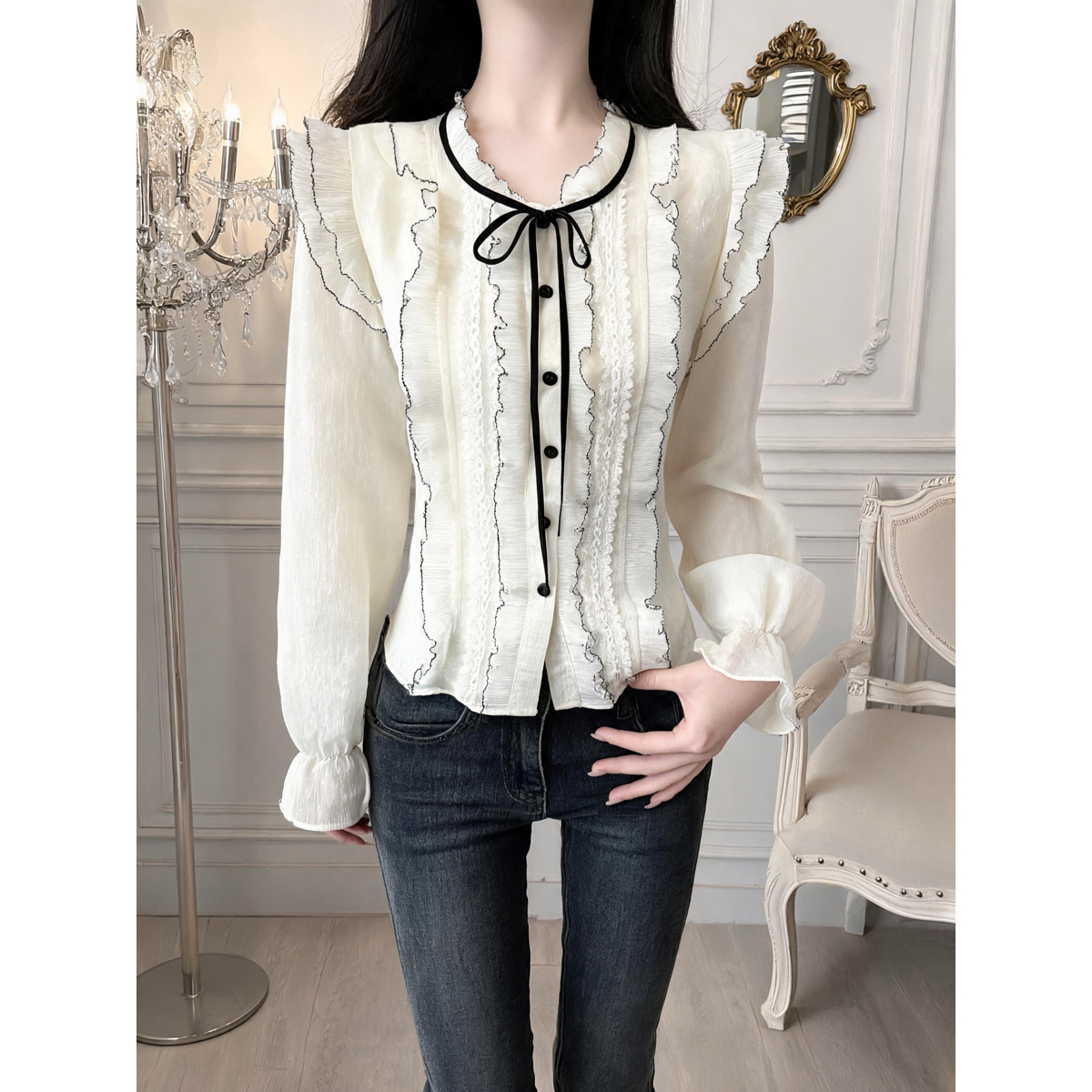 French Lace Bow Tie Loose Top - Style 37954d - Image 5