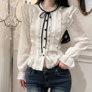 French Lace Bow Tie Loose Top - Style 37954d
