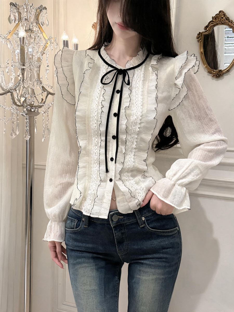 French Lace Bow Tie Loose Top - Style 37954d