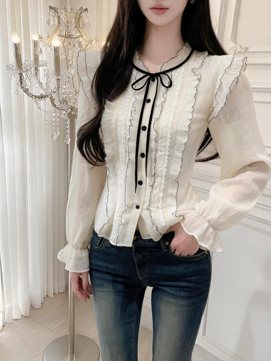 French Lace Bow Tie Loose Top - Style 37954d - Image 3