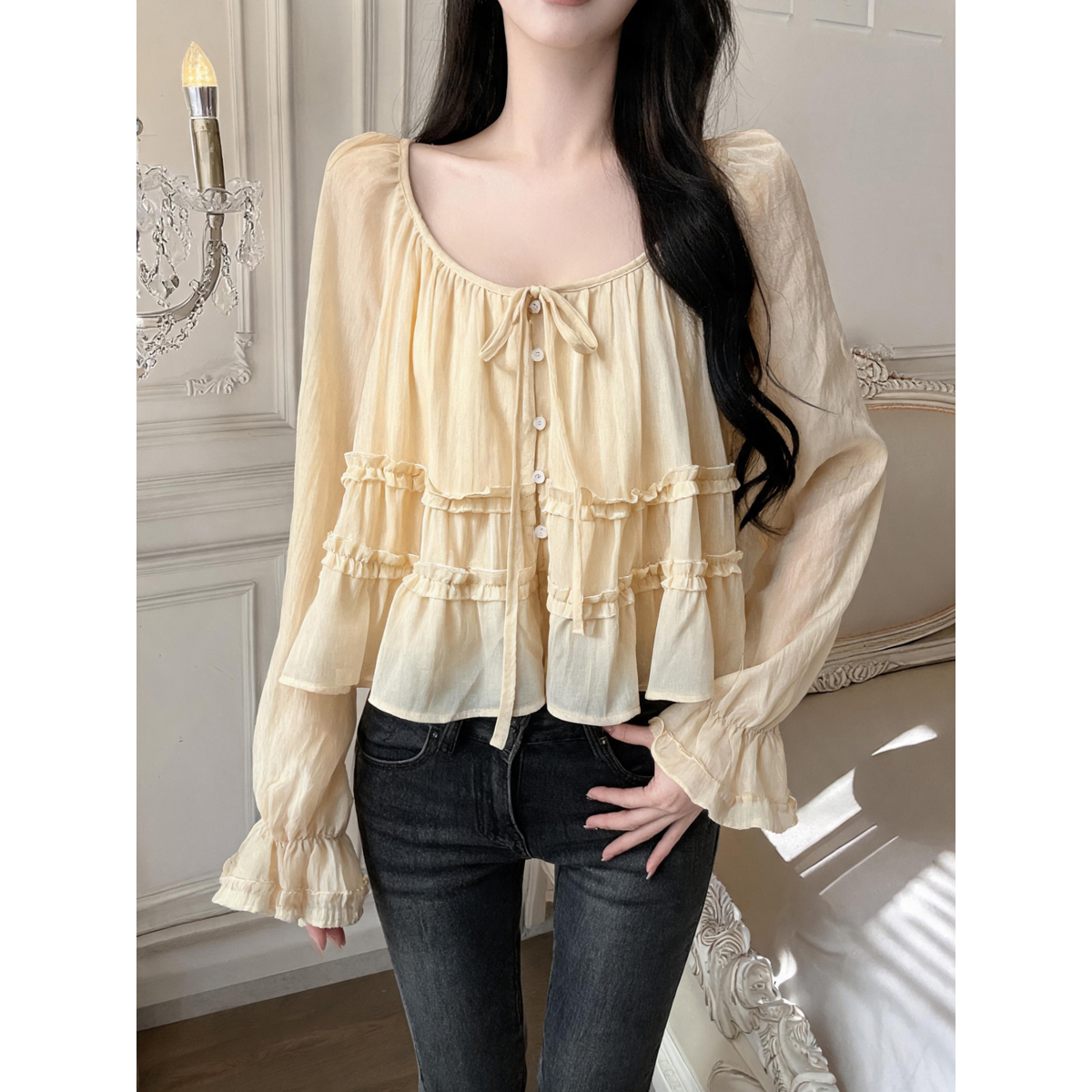 French Style Ruffle Trim Round Neck Tie Long Sleeve Blouse for Women Fall 2026 - Image 5