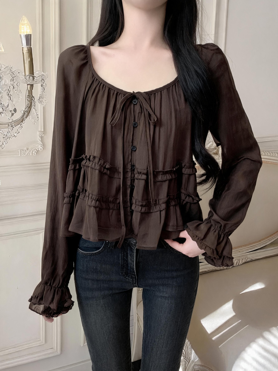 French Style Ruffle Trim Round Neck Tie Long Sleeve Blouse for Women Fall 2026 - Image 3