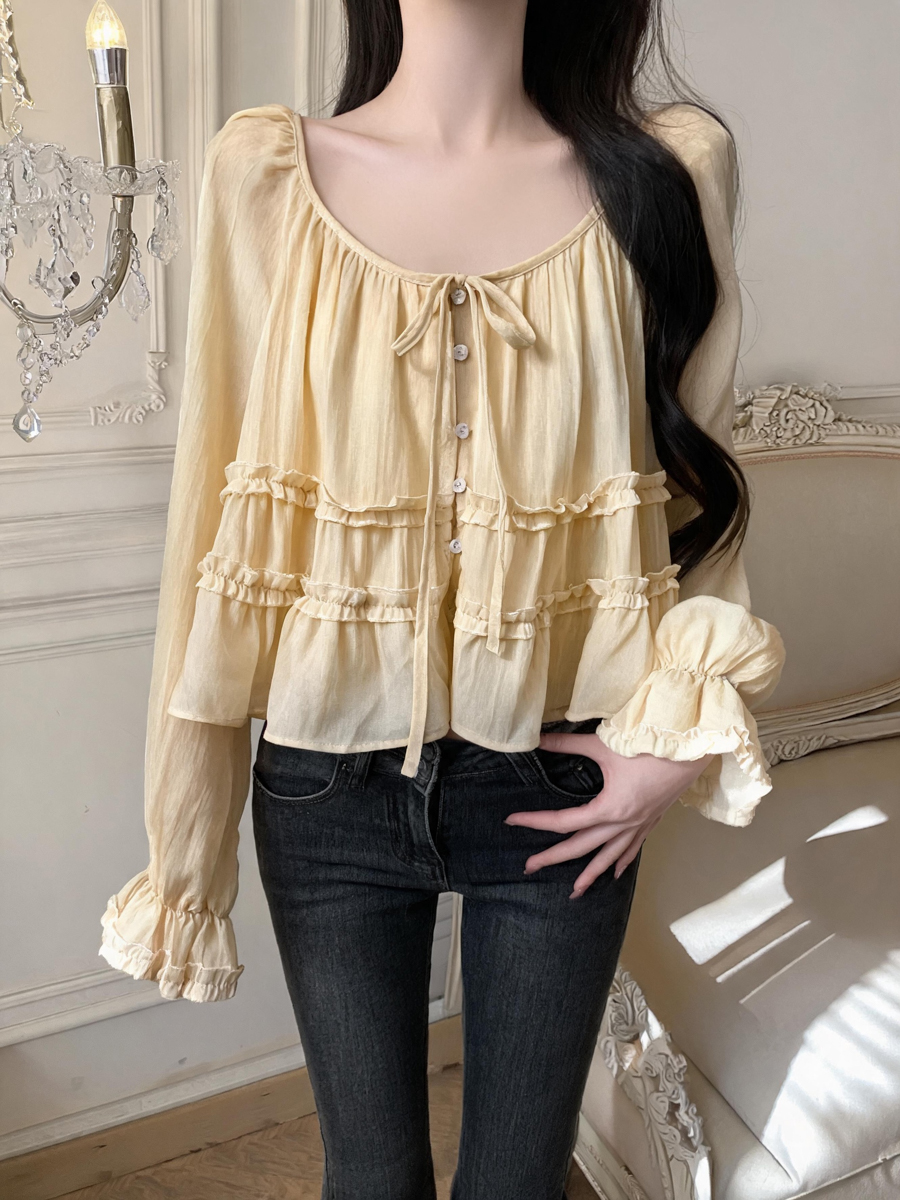 French Style Ruffle Trim Round Neck Tie Long Sleeve Blouse for Women Fall 2026 - Image 2