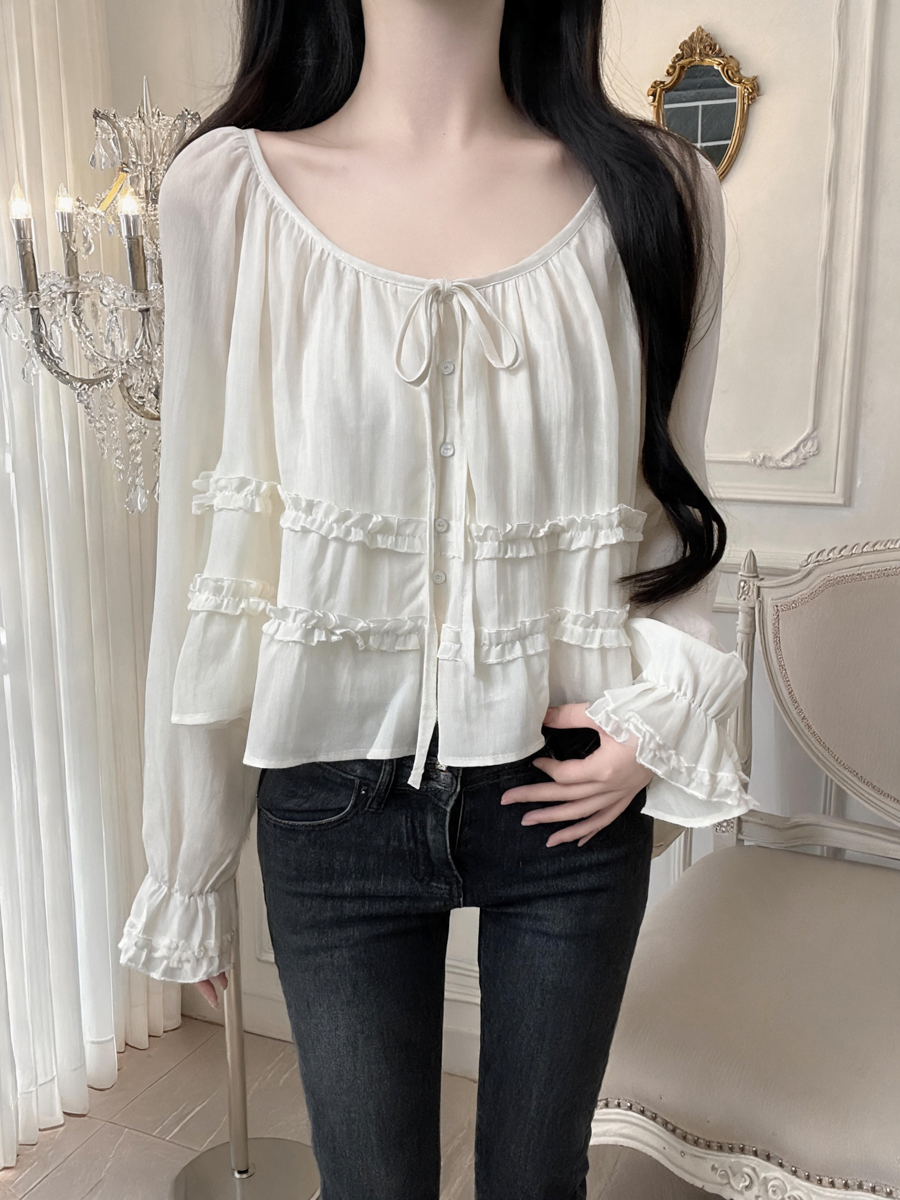 French Style Ruffle Trim Round Neck Tie Long Sleeve Blouse for Women Fall 2026