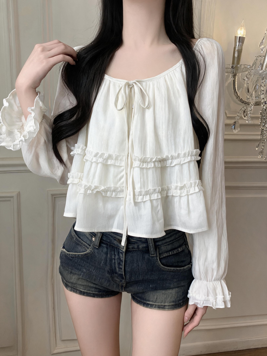 French Style Ruffle Trim Round Neck Tie Long Sleeve Blouse for Women Fall 2026 - Image 4