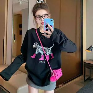 2026 Korean Style Long Sleeve T-Shirt for Women Loose Plus Size Print - Style 37a1ab