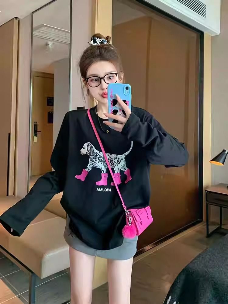 2026 Korean Style Long Sleeve T-Shirt for Women Loose Plus Size Print - Style 37a1ab