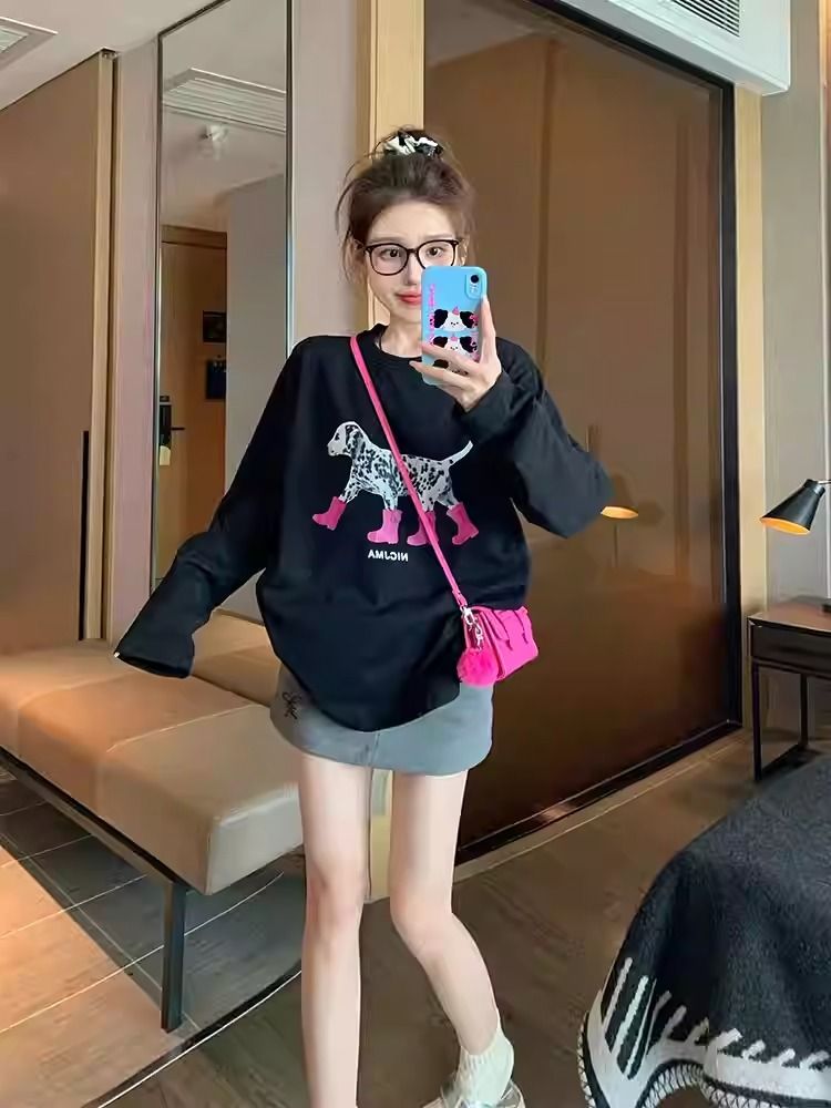 2026 Korean Style Long Sleeve T-Shirt for Women Loose Plus Size Print - Style 37a1ab - Image 4