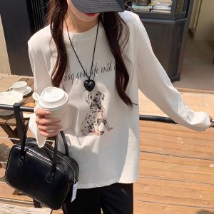 2026 Korean Style Autumn Long Sleeve T-Shirt for Women Loose Plus Size Print