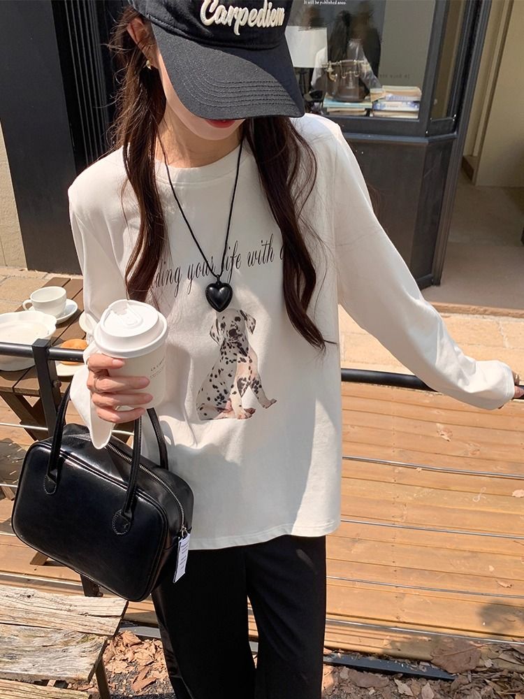 2026 Korean Style Autumn Long Sleeve T-Shirt for Women Loose Plus Size Print