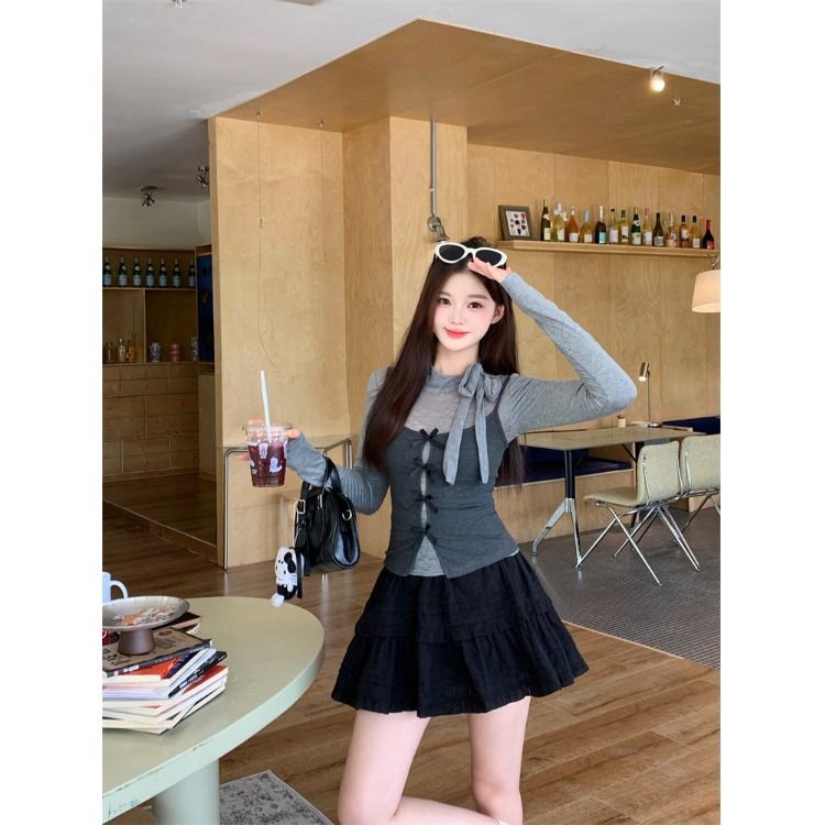 Korean Style Gray Two-Piece Long Sleeve Top for Women Fall 2026 - Image 2
