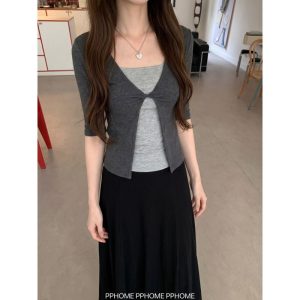 Women's Slim Fit Knotted Faux Two-Piece Mid-Sleeve T-Shirt Casual Top
