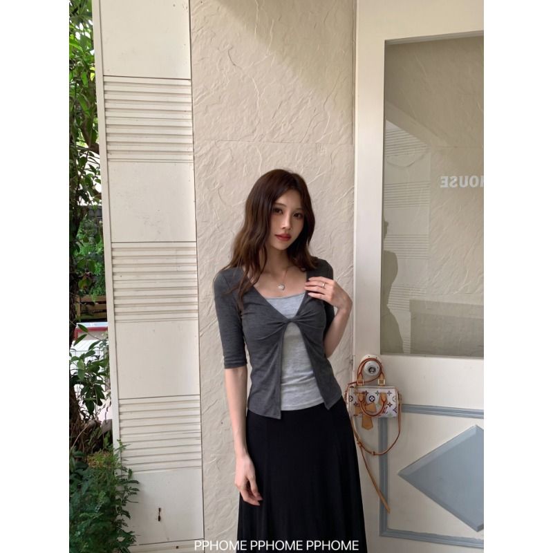 Women's Slim Fit Knotted Faux Two-Piece Mid-Sleeve T-Shirt Casual Top - Image 3