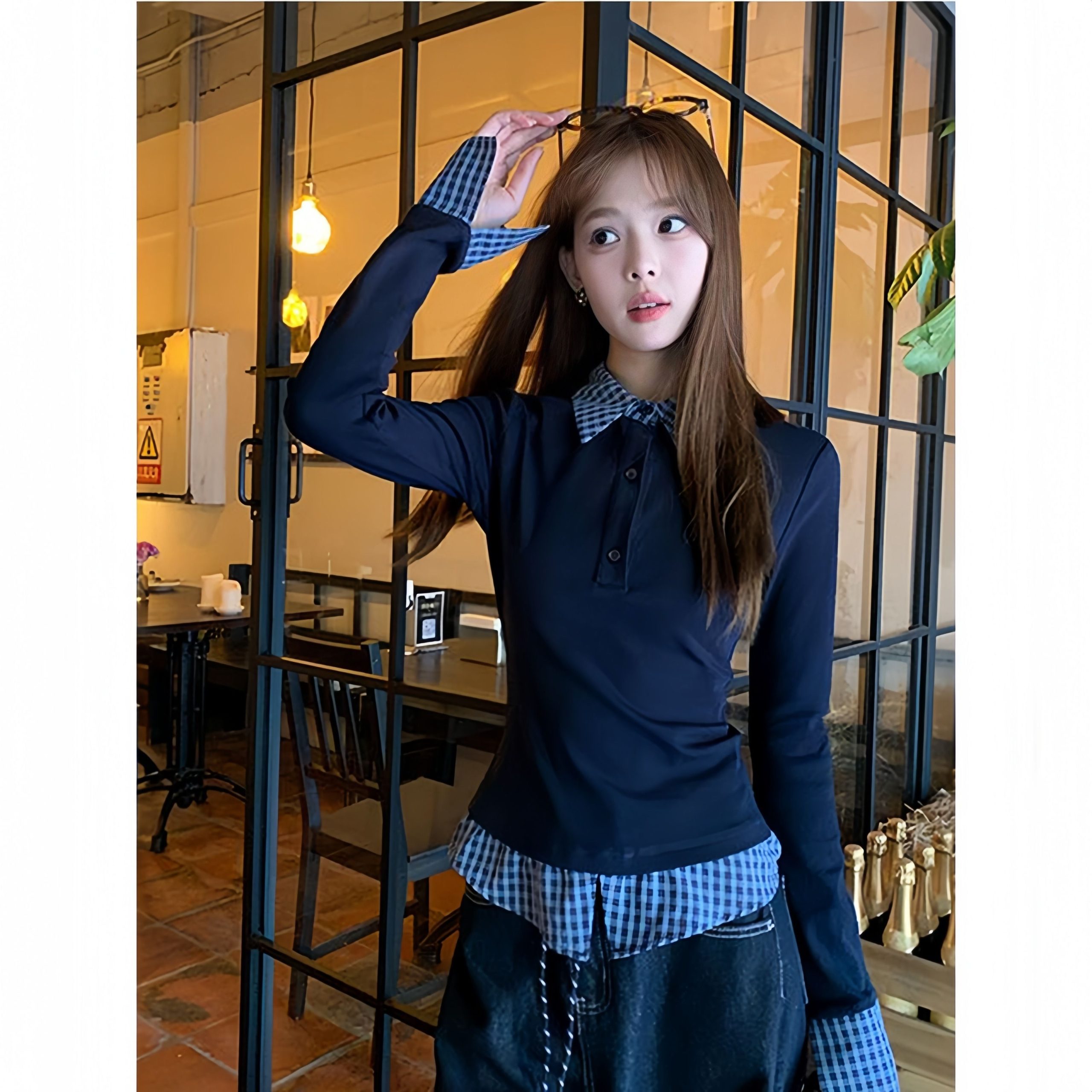 Modal Rayon Faux Two-Piece Polo Neck Top for Women Slim Fit Base Layer