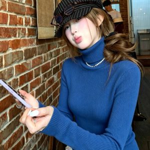 Women's High Neck Slim Fit Knit Sweater Cotton Pullover