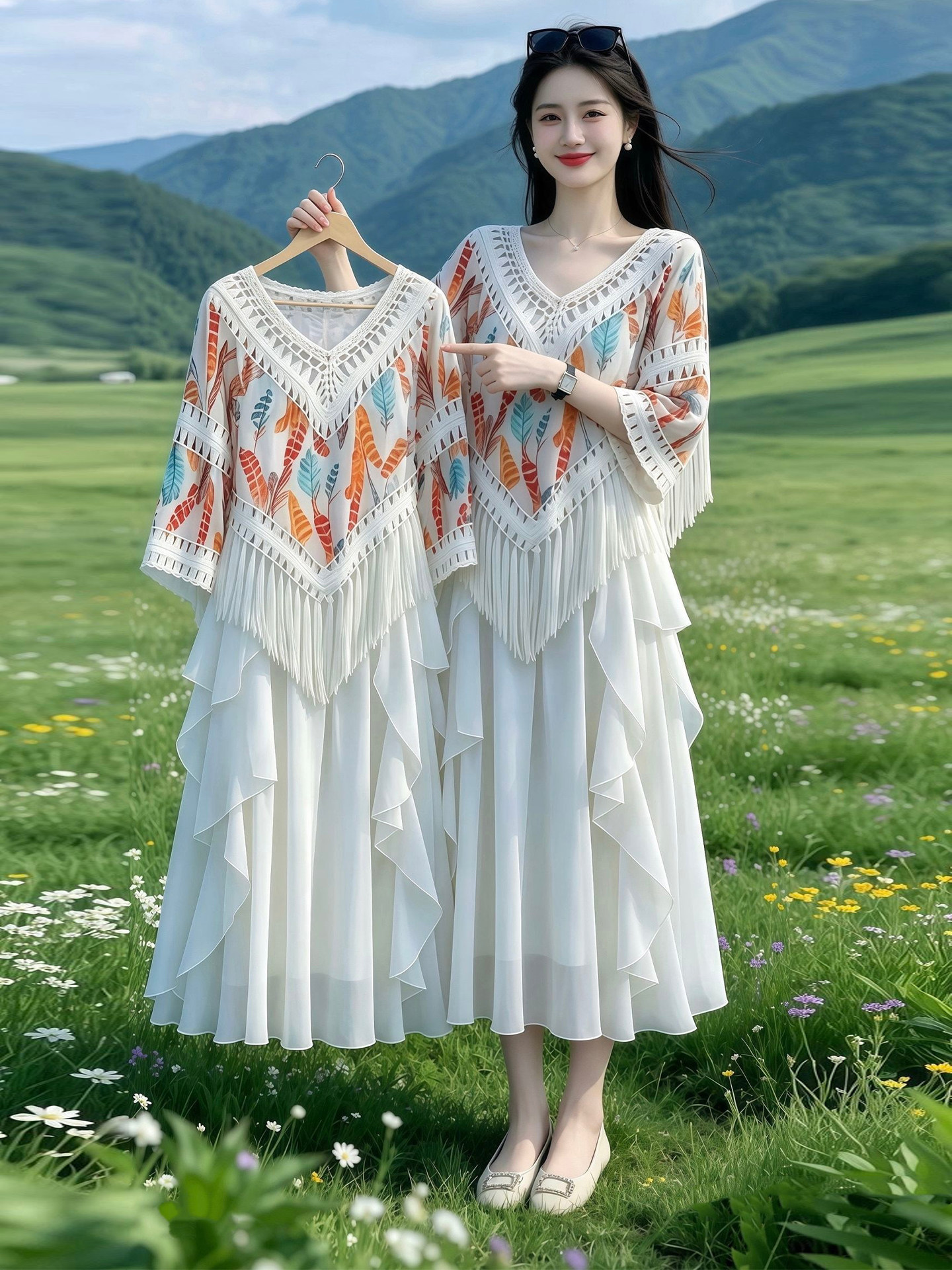 Off-White Tassel Ethnic Knit Sweater Women's Early Autumn 2026 V-Neck Beach Top - Image 4