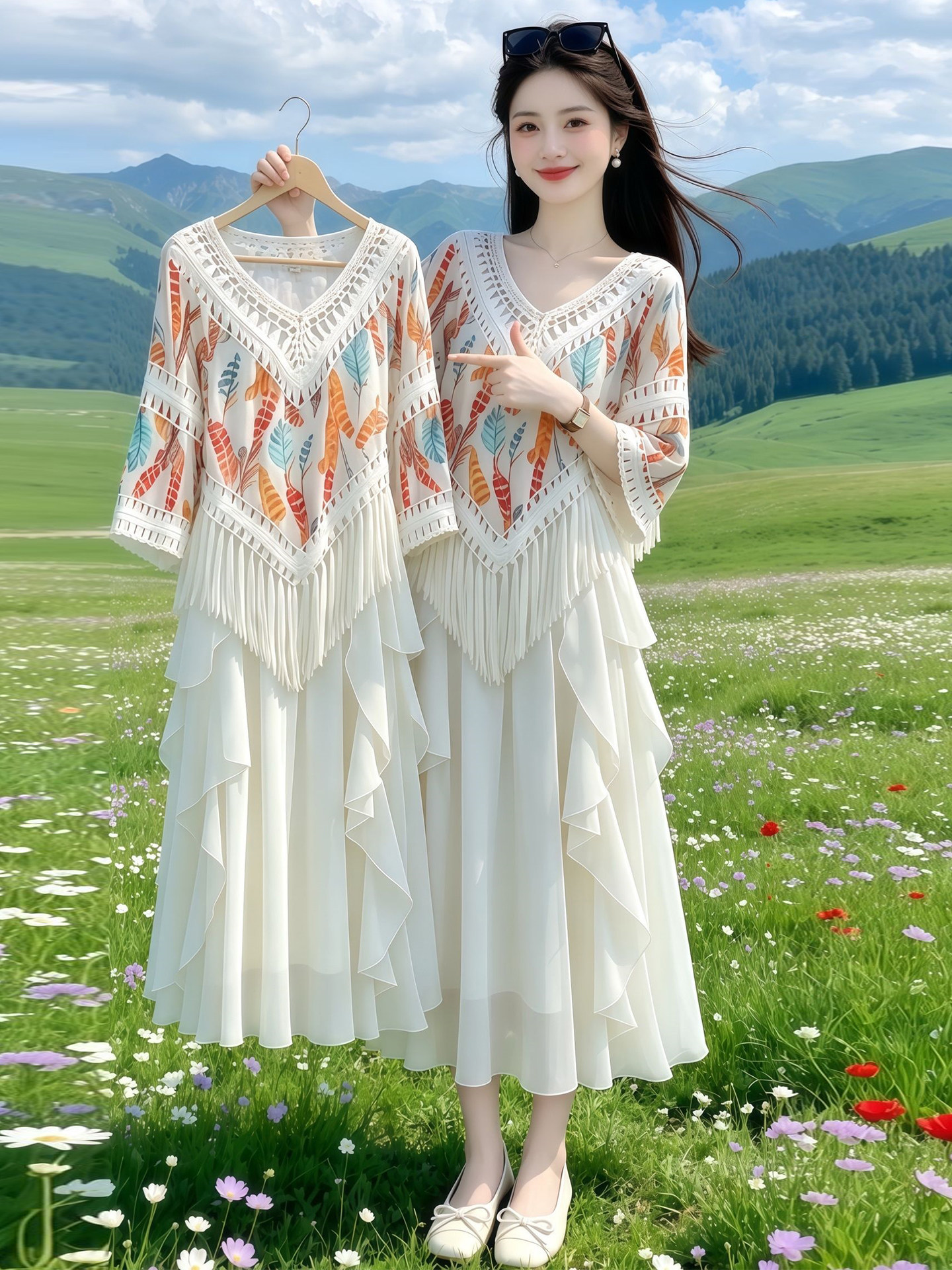 Off-White Tassel Ethnic Knit Sweater Women's Early Autumn 2026 V-Neck Beach Top