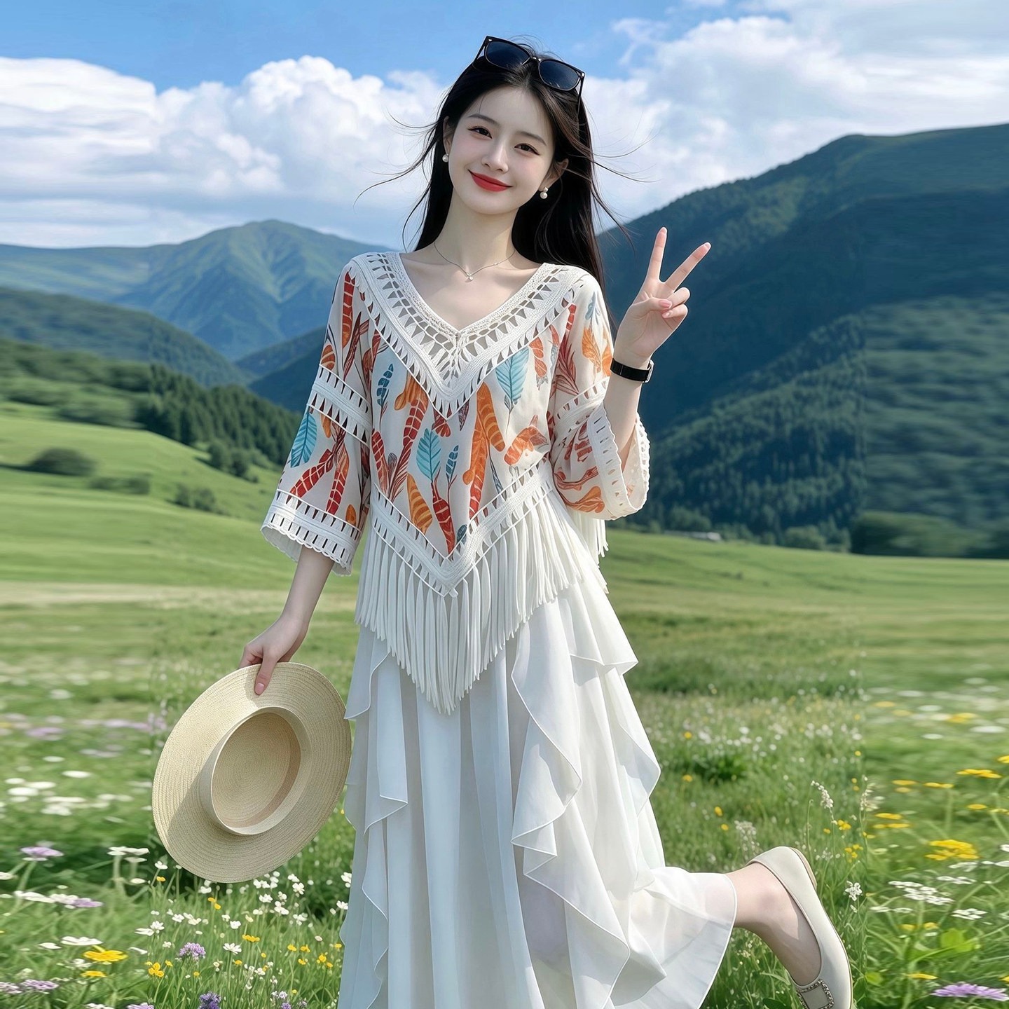 Off-White Tassel Ethnic Knit Sweater Women's Early Autumn 2026 V-Neck Beach Top - Image 5