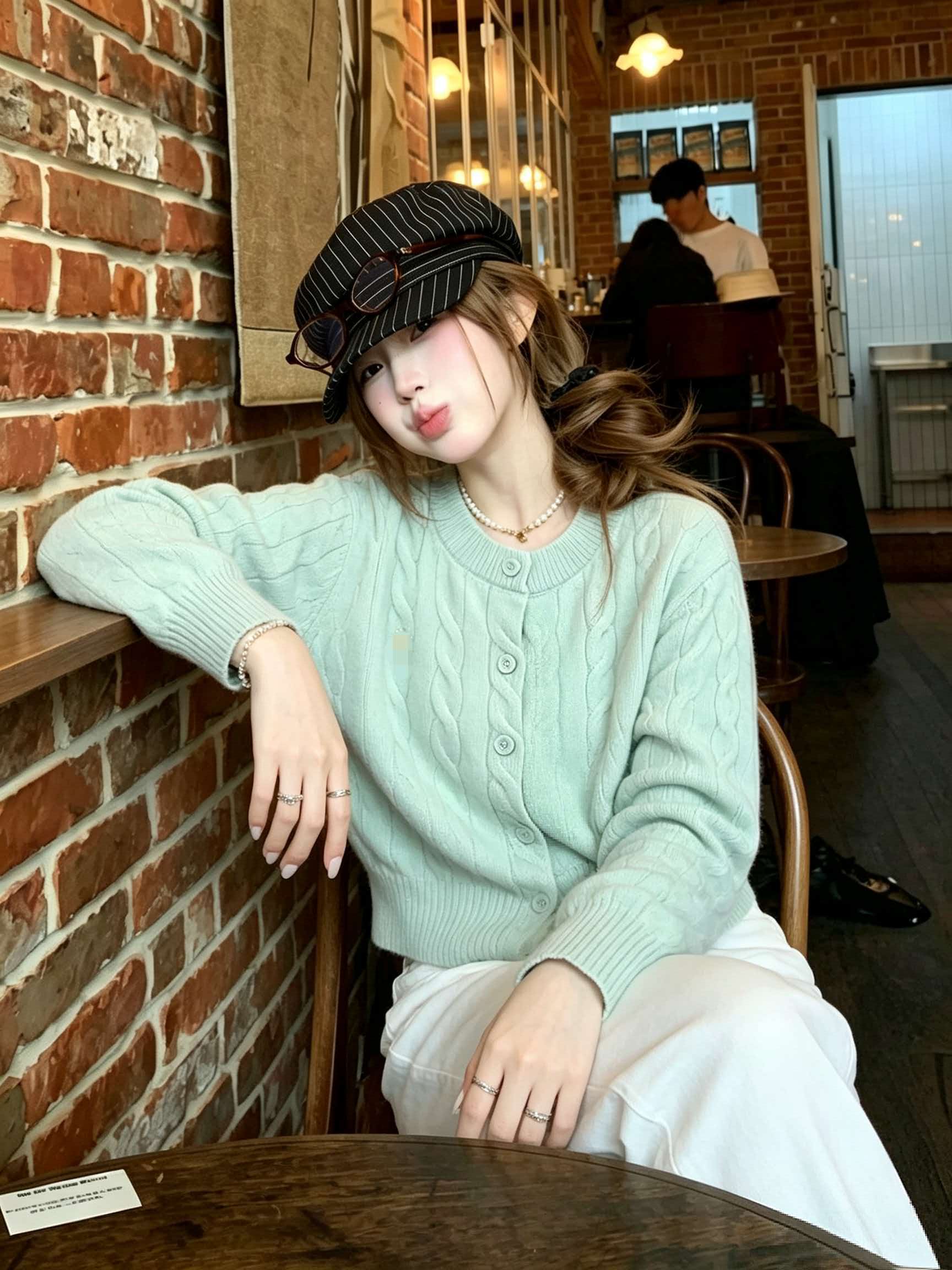 Korean Mint Green Cable Knit Cardigan Sweater Coat for Women Winter Thick Loose Casual Top - Image 4
