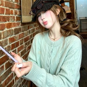 Korean Mint Green Cable Knit Cardigan Sweater Coat for Women Winter Thick Loose Casual Top
