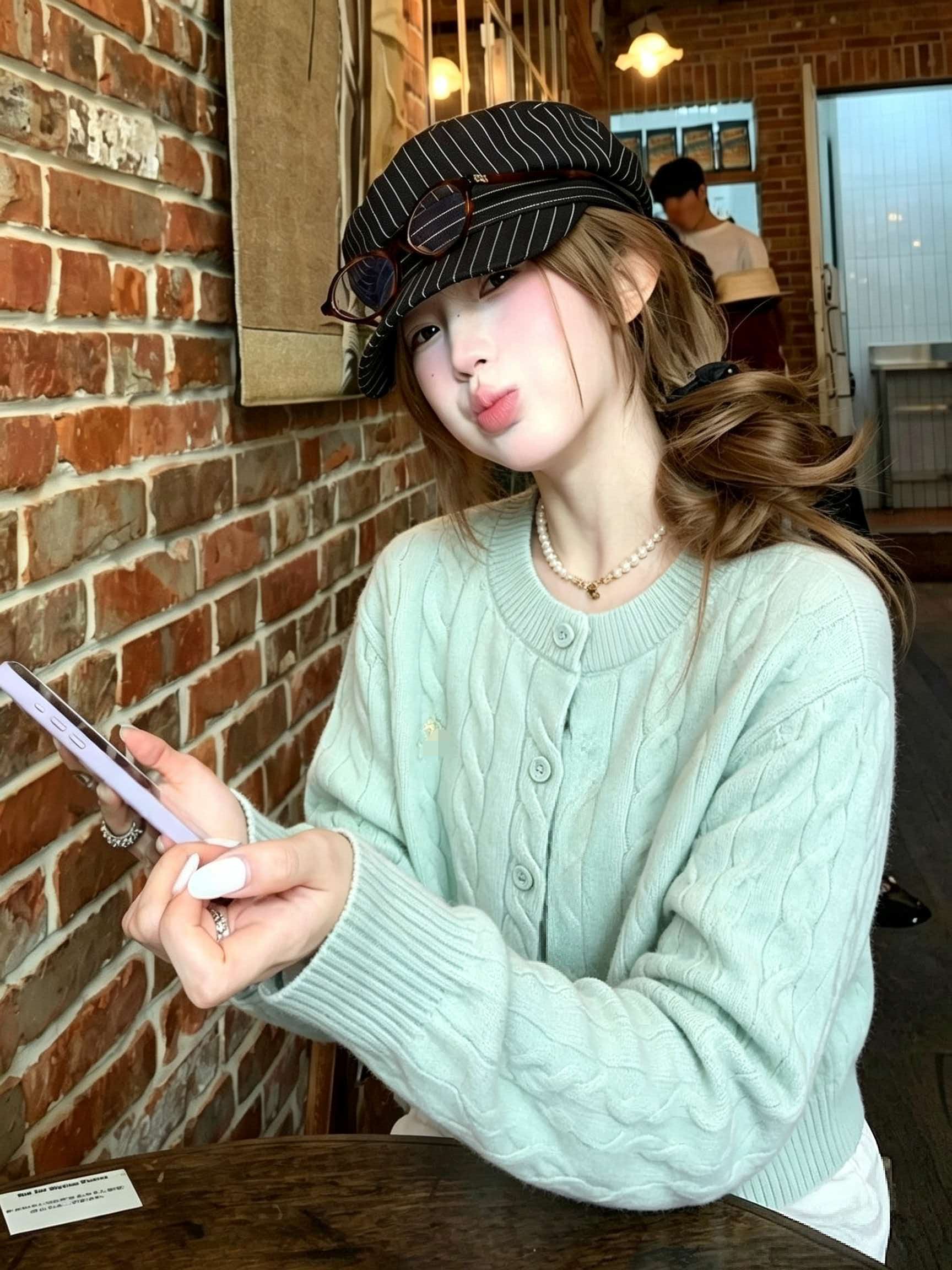 Korean Mint Green Cable Knit Cardigan Sweater Coat for Women Winter Thick Loose Casual Top