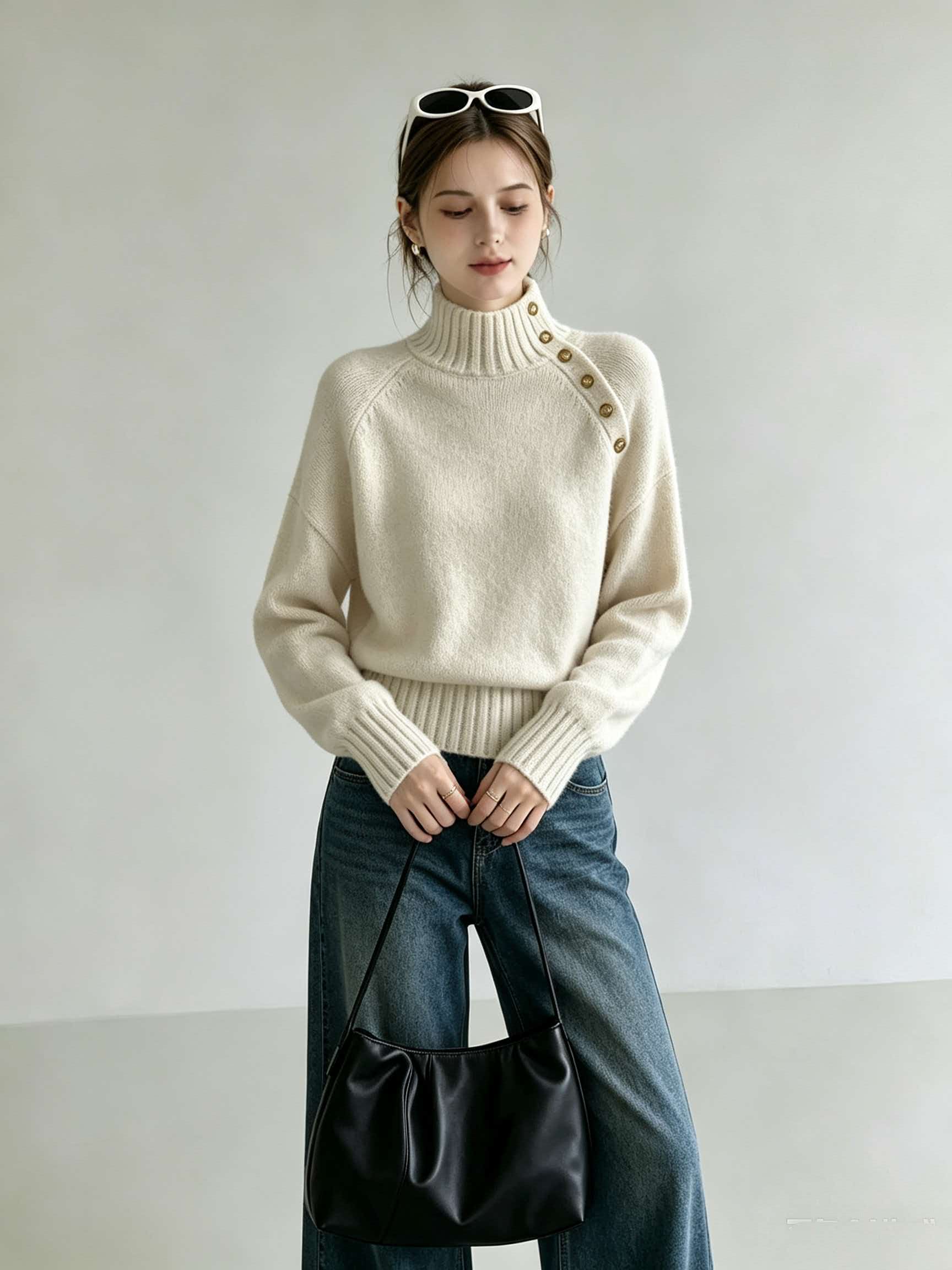 Off-White Half-High Neck Diagonal Button Knit Sweater for Women 2026 Autumn Winter Korean Style Top - Image 4