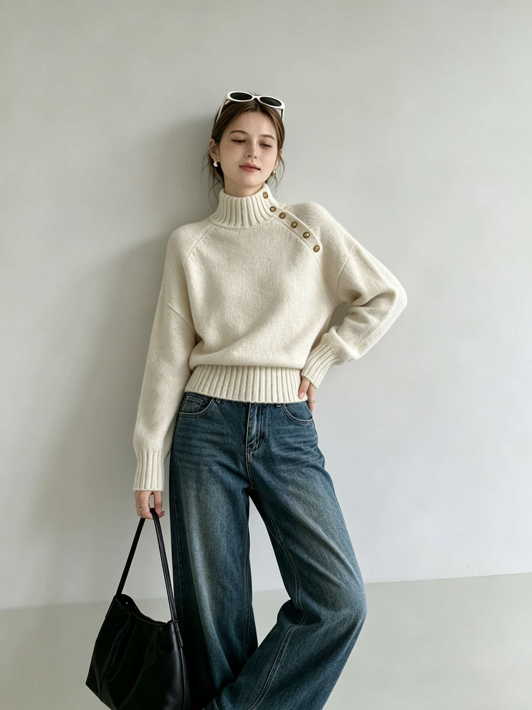 Off-White Half-High Neck Diagonal Button Knit Sweater for Women 2026 Autumn Winter Korean Style Top - Image 3