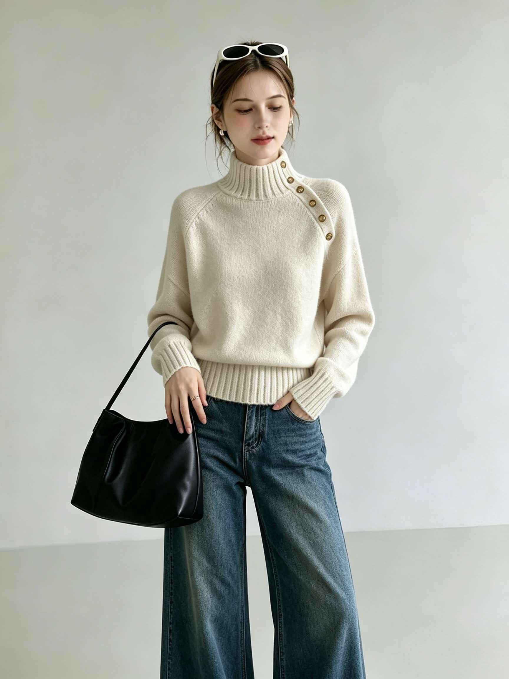 Off-White Half-High Neck Diagonal Button Knit Sweater for Women 2026 Autumn Winter Korean Style Top - Image 2