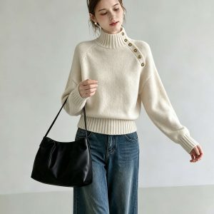 Off-White Half-High Neck Diagonal Button Knit Sweater for Women 2026 Autumn Winter Korean Style Top