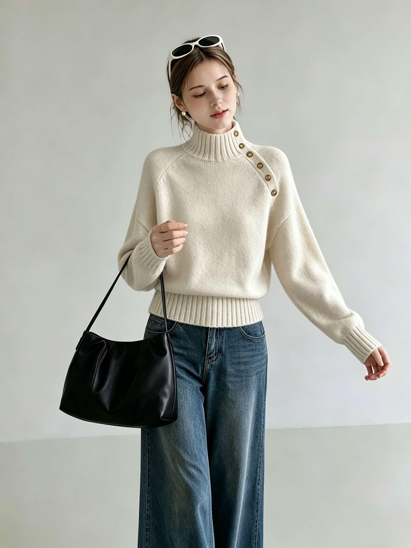 Off-White Half-High Neck Diagonal Button Knit Sweater for Women 2026 Autumn Winter Korean Style Top