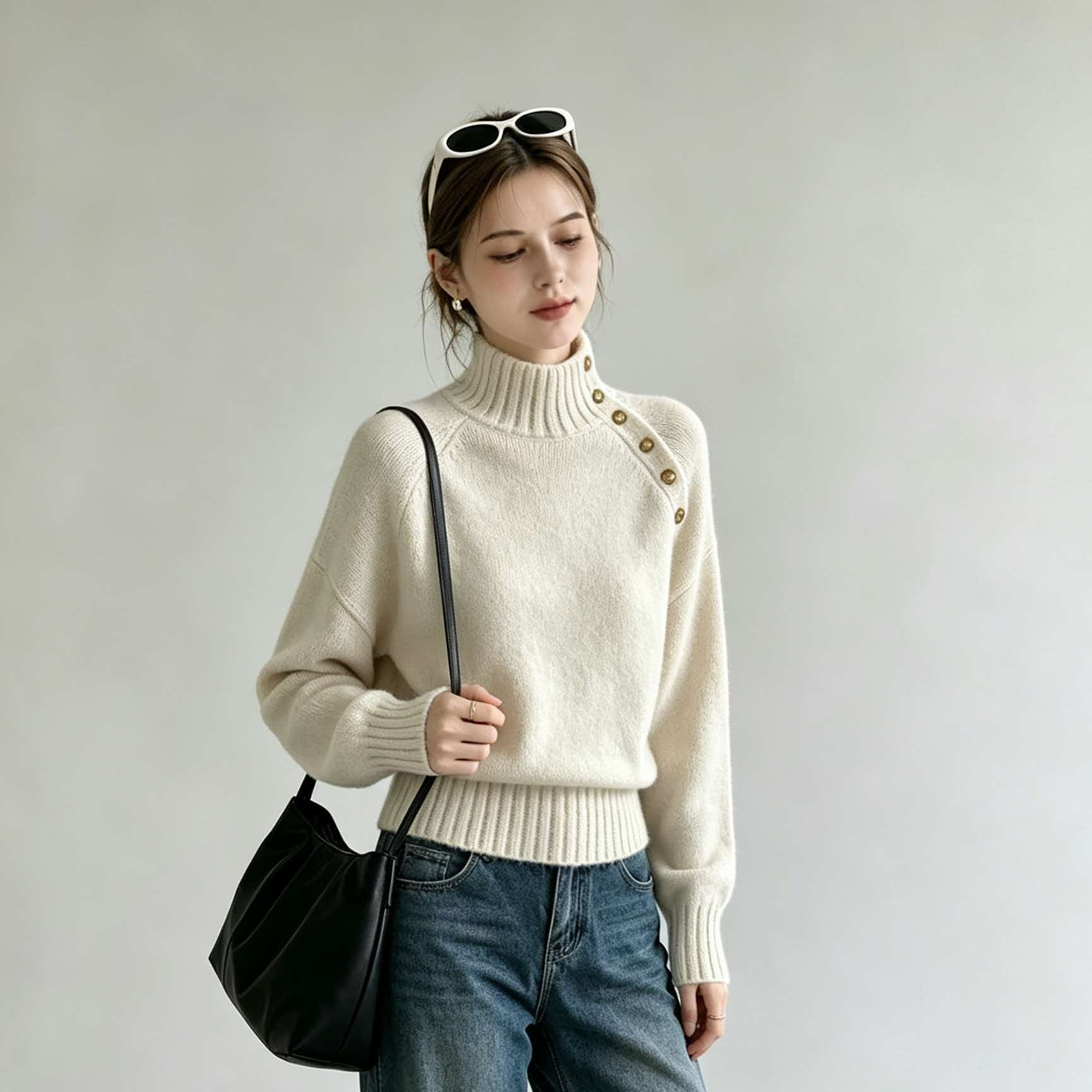 Off-White Half-High Neck Diagonal Button Knit Sweater for Women 2026 Autumn Winter Korean Style Top - Image 5