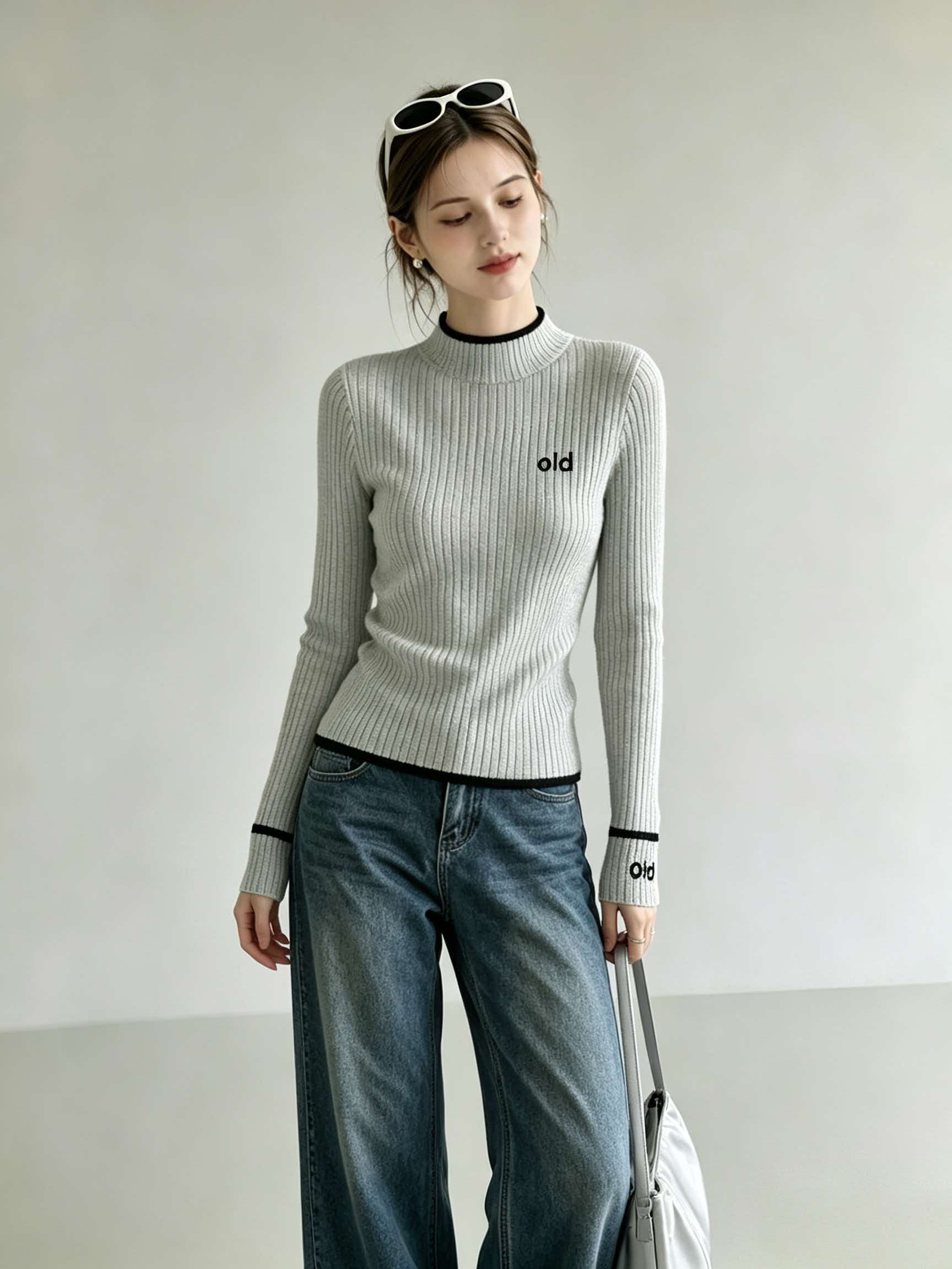 Light Gray Turtleneck Knit Long Sleeve T-Shirt Base Layer Wearable Outside 2026 New Fall Korean Top