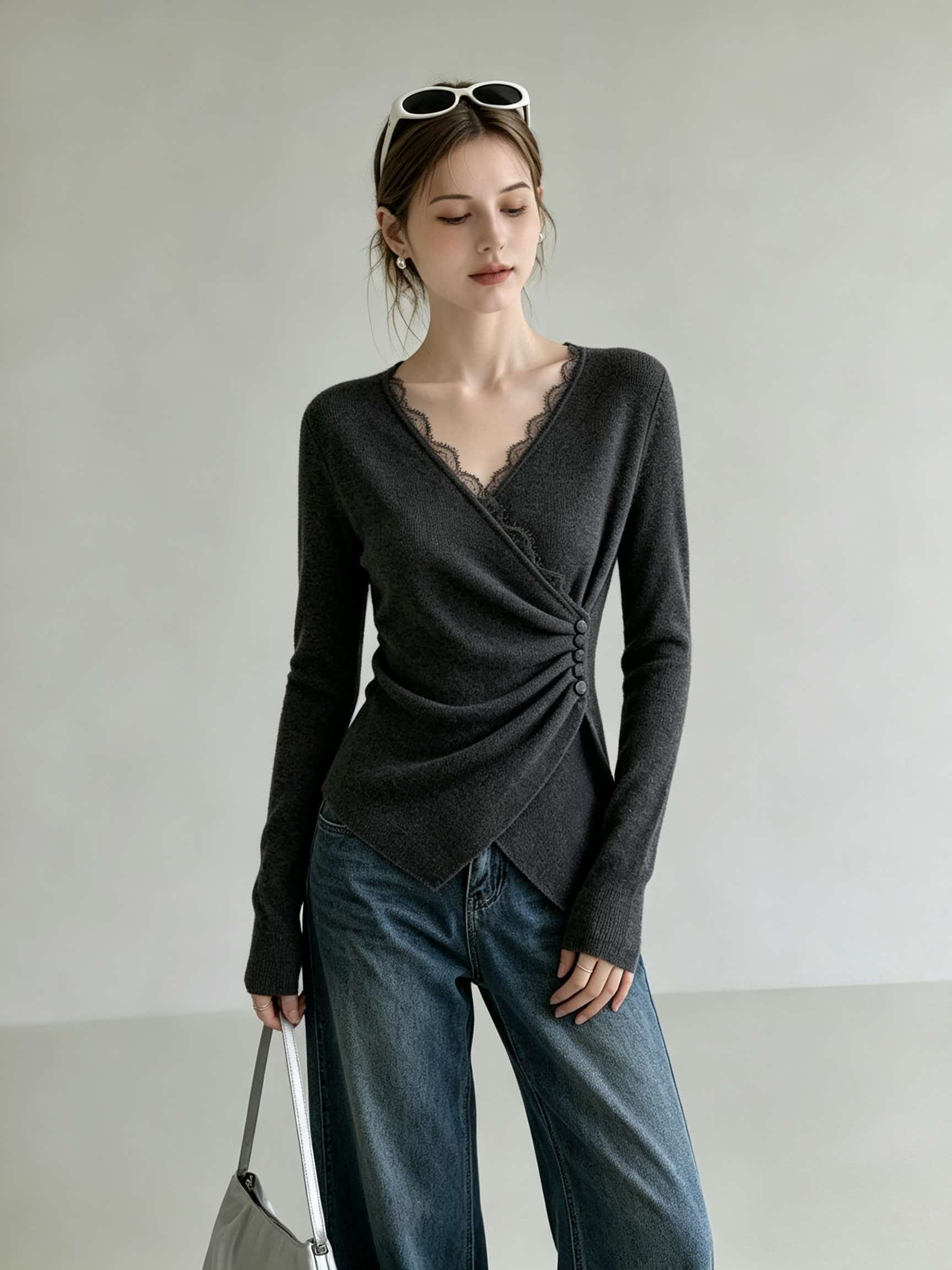 Women's Gray Lace Panel V-Neck Long Sleeve Knit Sweater 2026 Fall Winter New Top - Image 2