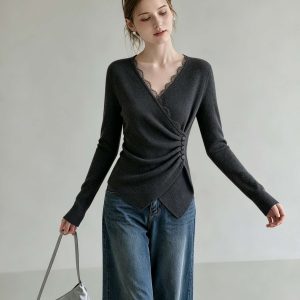 Women's Gray Lace Panel V-Neck Long Sleeve Knit Sweater 2026 Fall Winter New Top