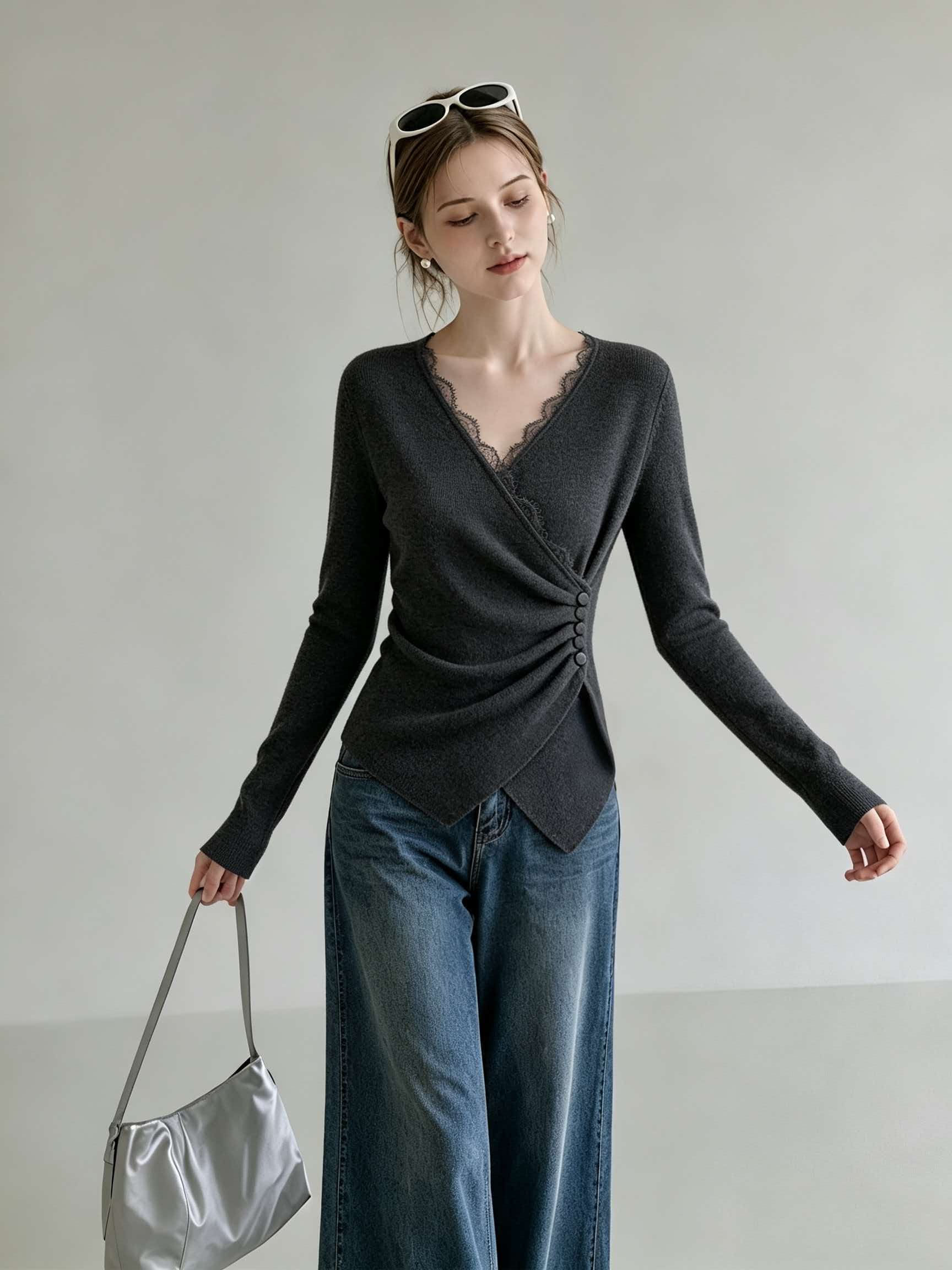 Women's Gray Lace Panel V-Neck Long Sleeve Knit Sweater 2026 Fall Winter New Top