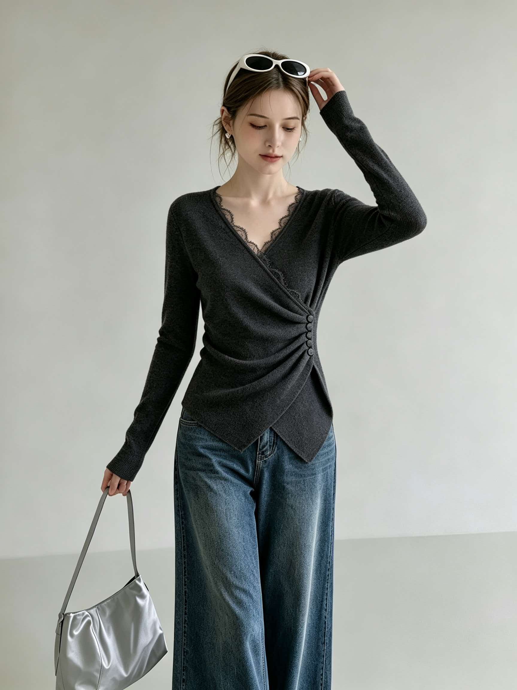 Women's Gray Lace Panel V-Neck Long Sleeve Knit Sweater 2026 Fall Winter New Top - Image 3