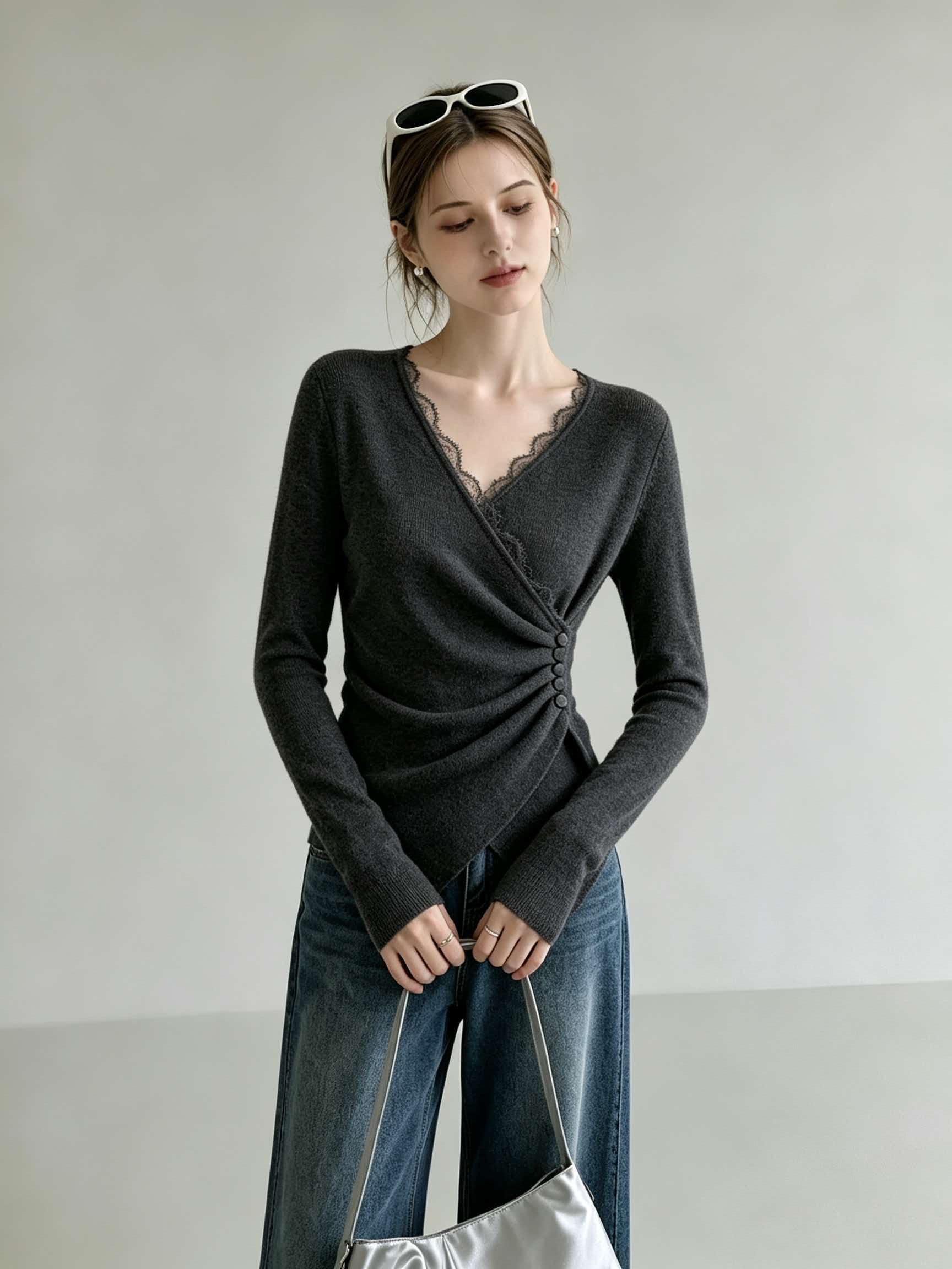 Women's Gray Lace Panel V-Neck Long Sleeve Knit Sweater 2026 Fall Winter New Top - Image 4