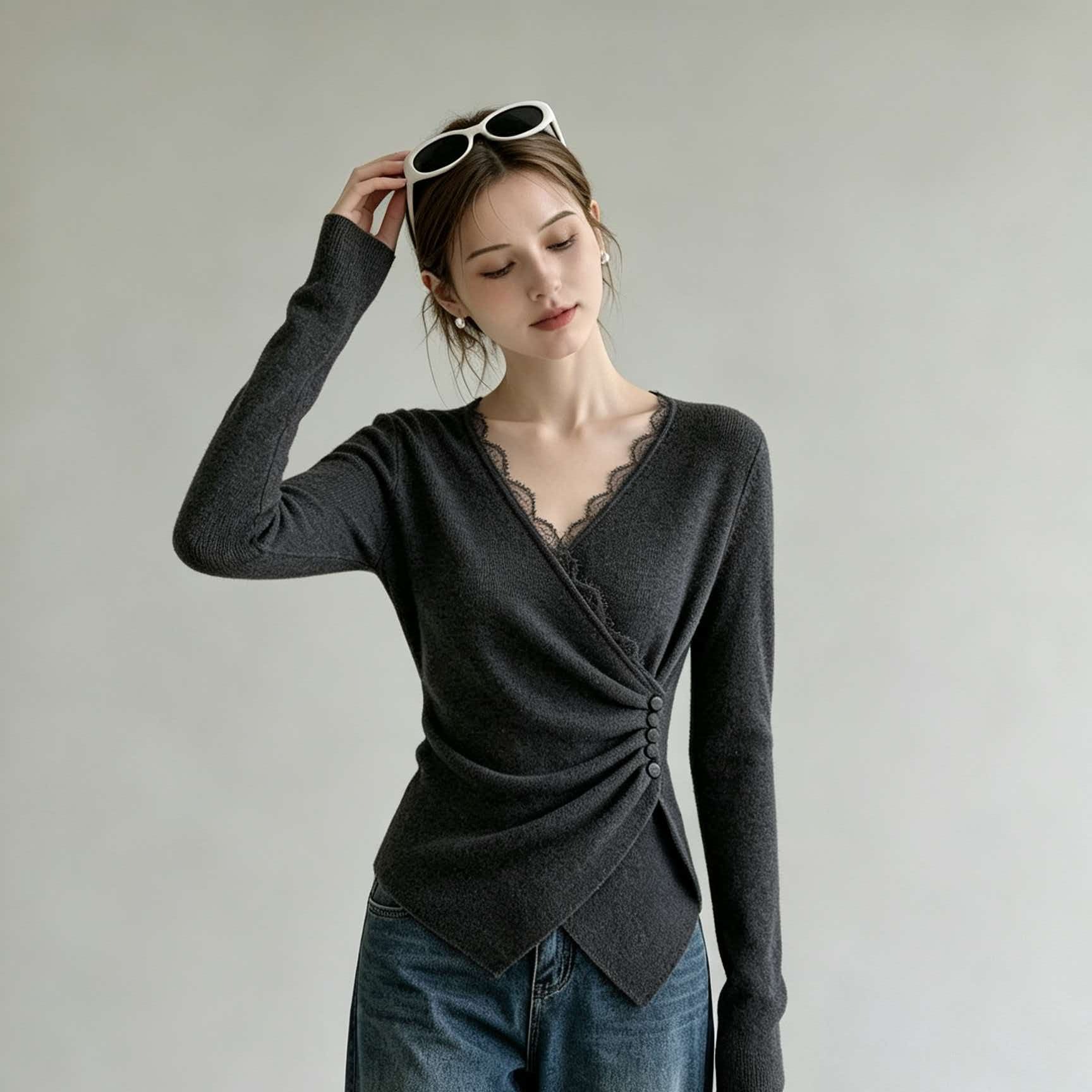 Women's Gray Lace Panel V-Neck Long Sleeve Knit Sweater 2026 Fall Winter New Top - Image 5