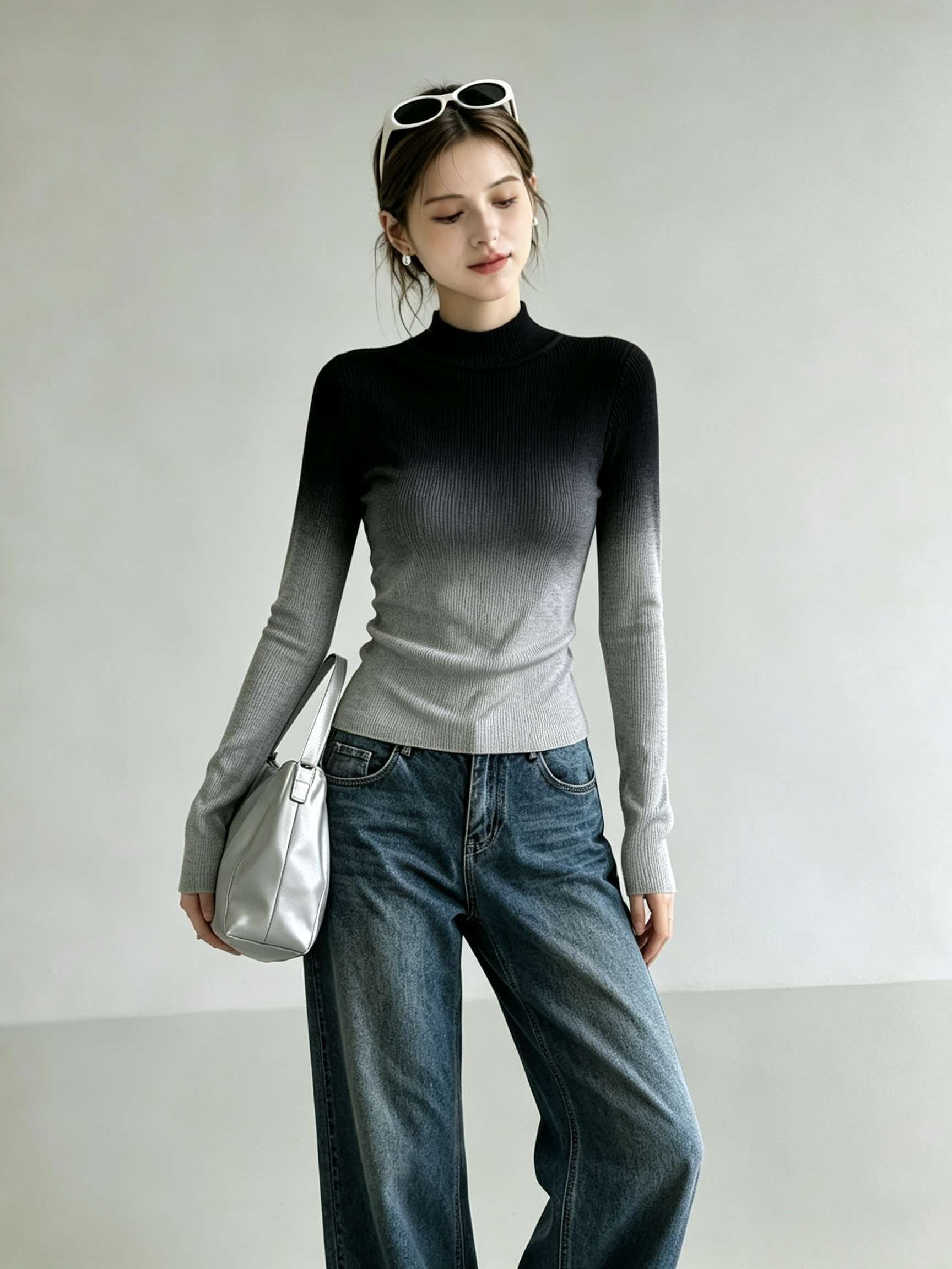 Gradient Mock Neck Slim Fit Knit Sweater for Women - Image 2