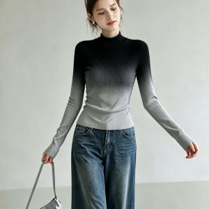 Gradient Mock Neck Slim Fit Knit Sweater for Women