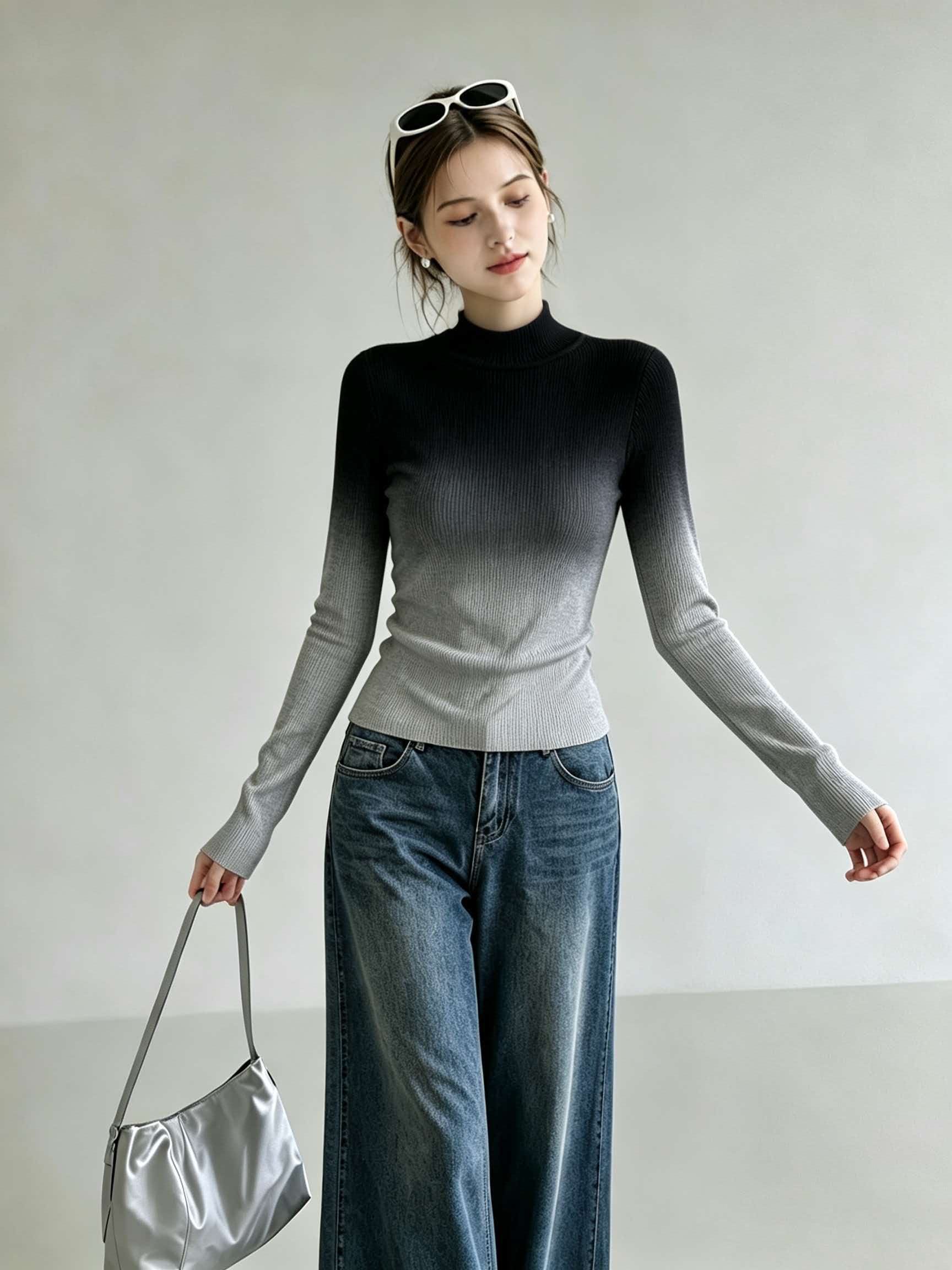 gradient-mock-neck-slim-fit-knit-sweater-for-women