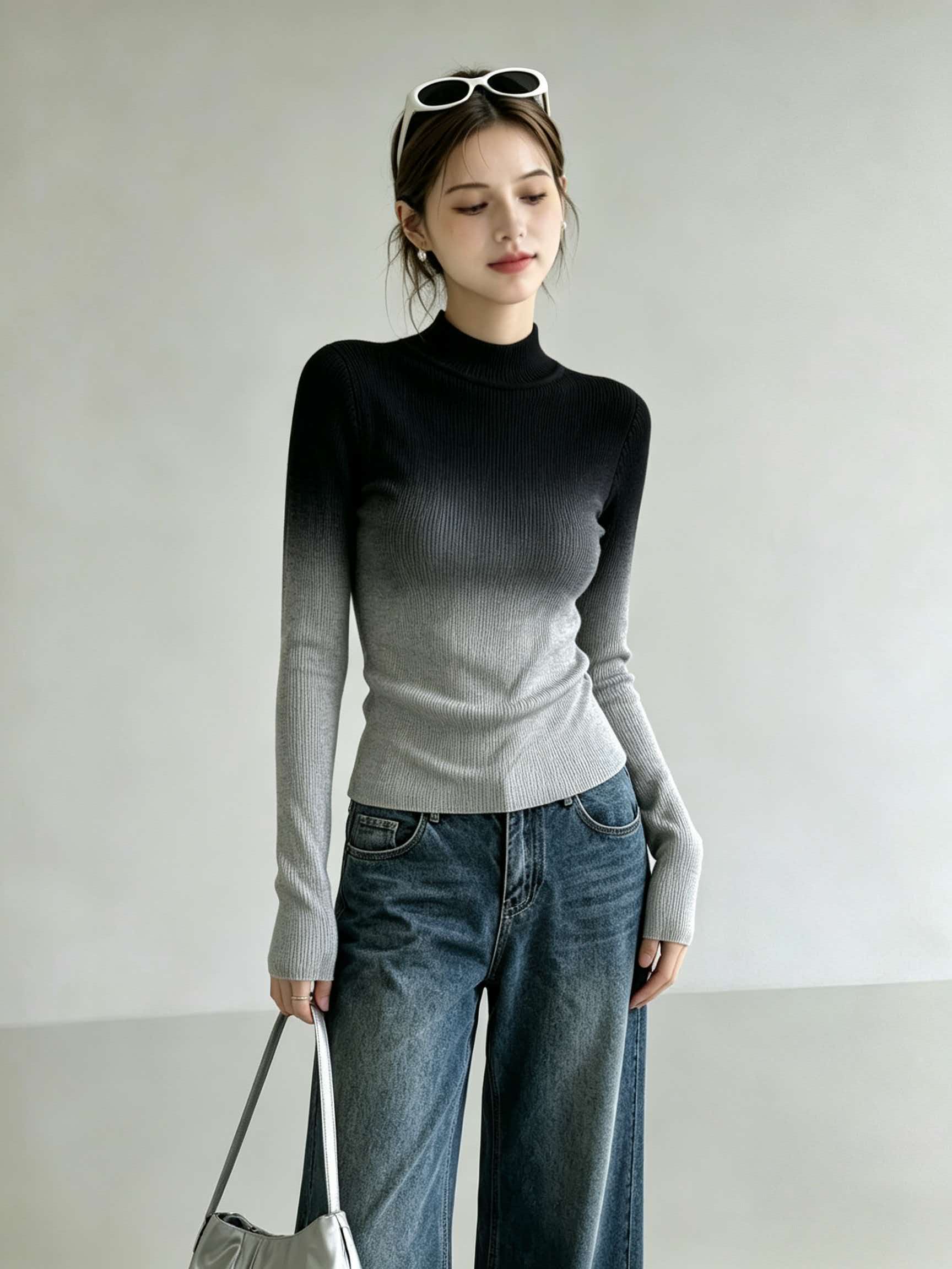 Gradient Mock Neck Slim Fit Knit Sweater for Women - Image 4