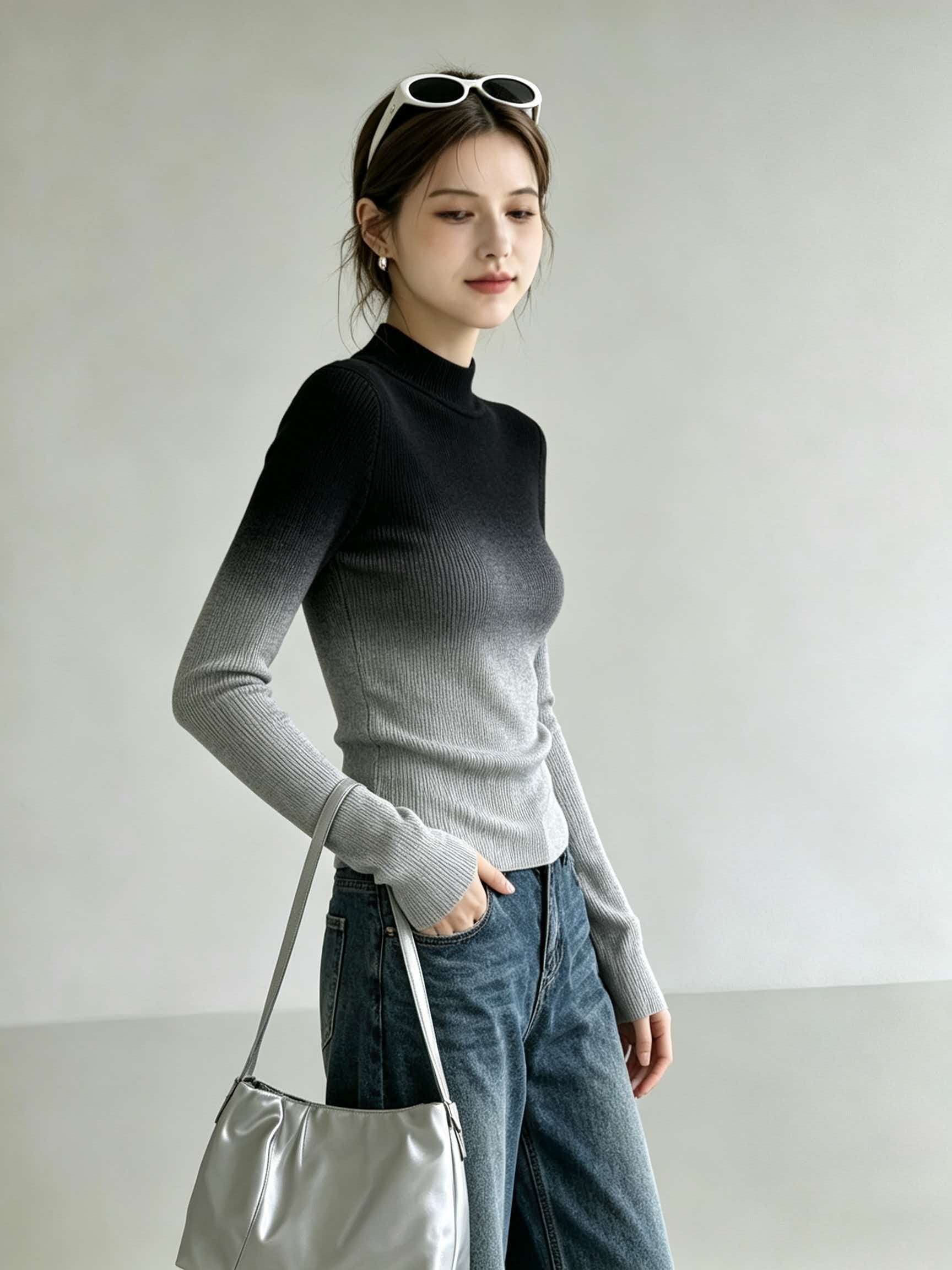 Gradient Mock Neck Slim Fit Knit Sweater for Women - Image 3