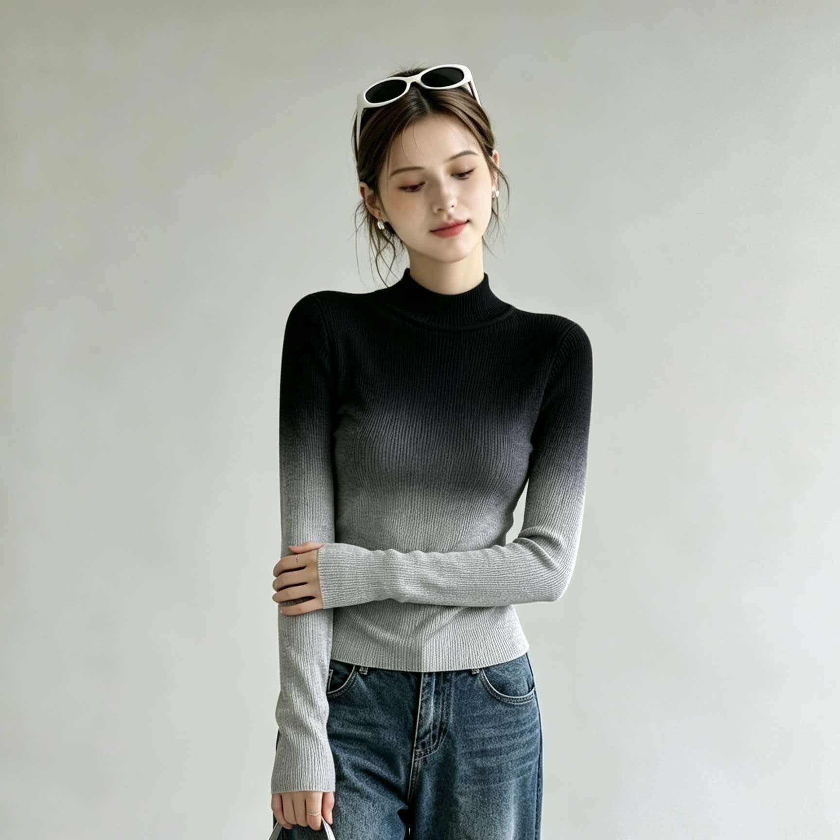 Gradient Mock Neck Slim Fit Knit Sweater for Women - Image 5