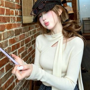 White Irregular Halter Ribbon Knit Sweater Women 2026 Early Autumn New Inner Base Top