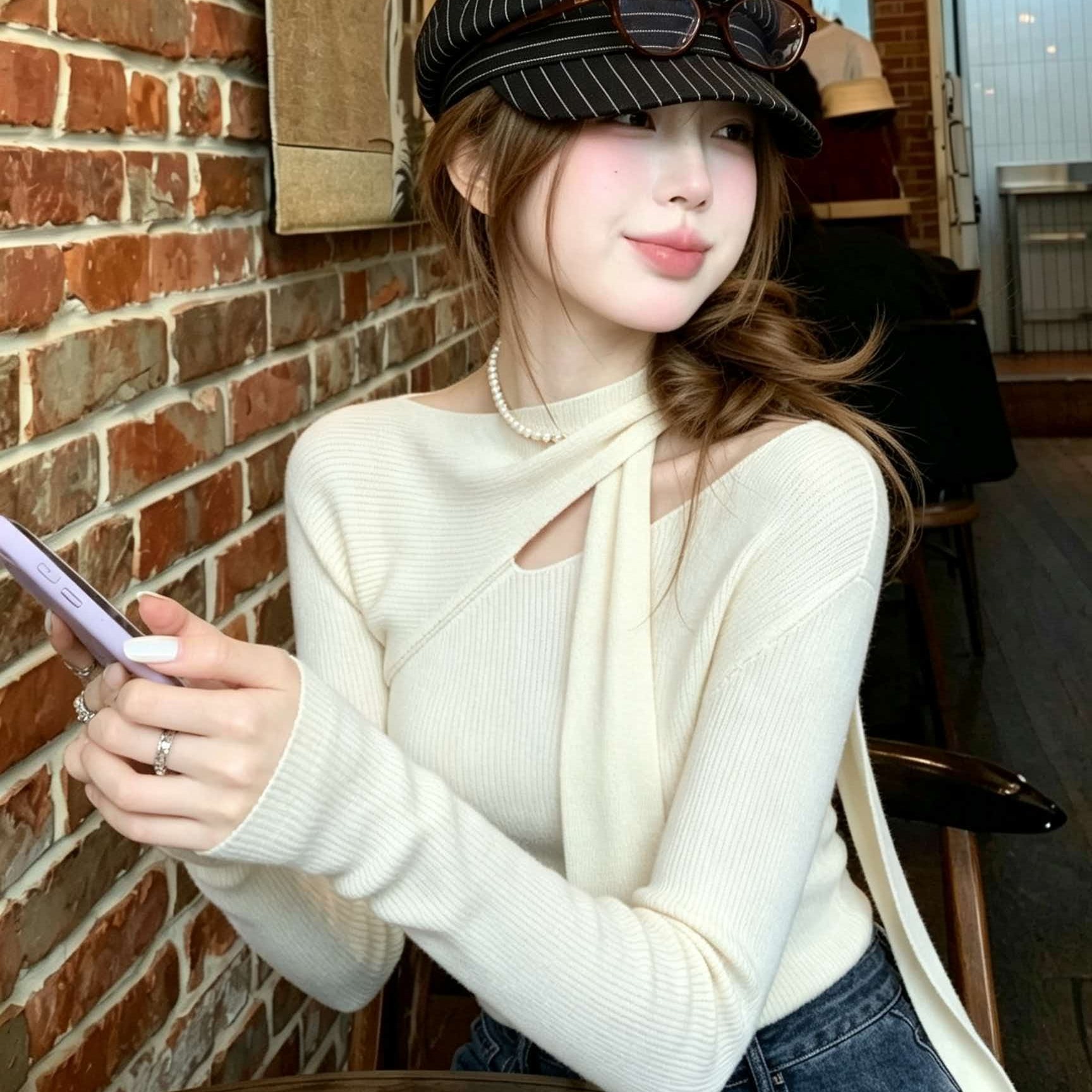 White Irregular Halter Ribbon Knit Sweater Women 2026 Early Autumn New Inner Base Top - Image 5